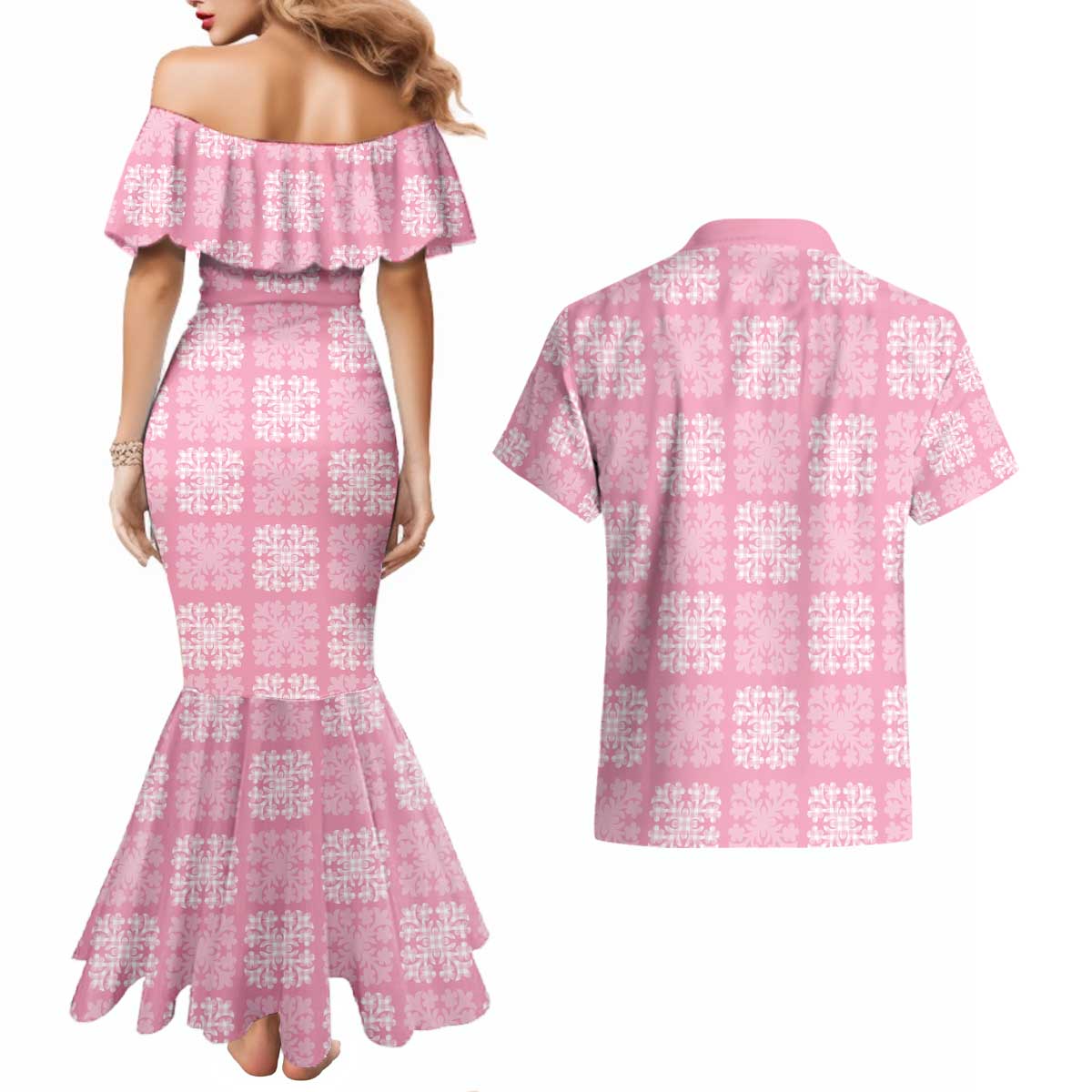Pink Palaka Quilt Hawaii Couples Matching Mermaid Dress and Hawaiian Shirt Traditional Hawaii-plaid Pattern LT14 - Polynesian Pride