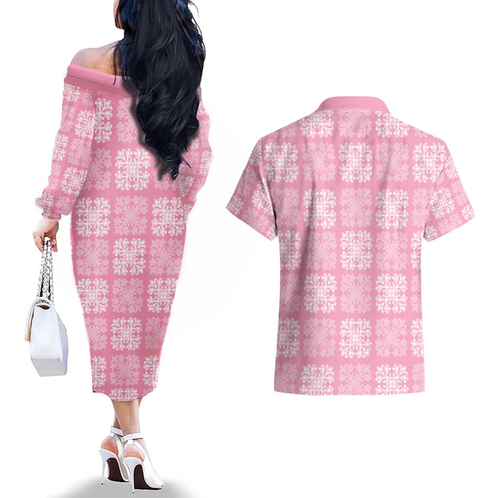 Pink Palaka Quilt Hawaii Couples Matching Off The Shoulder Long Sleeve Dress and Hawaiian Shirt Traditional Hawaii-plaid Pattern LT14 - Polynesian Pride