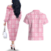 Pink Palaka Quilt Hawaii Couples Matching Off The Shoulder Long Sleeve Dress and Hawaiian Shirt Traditional Hawaii-plaid Pattern LT14 - Polynesian Pride