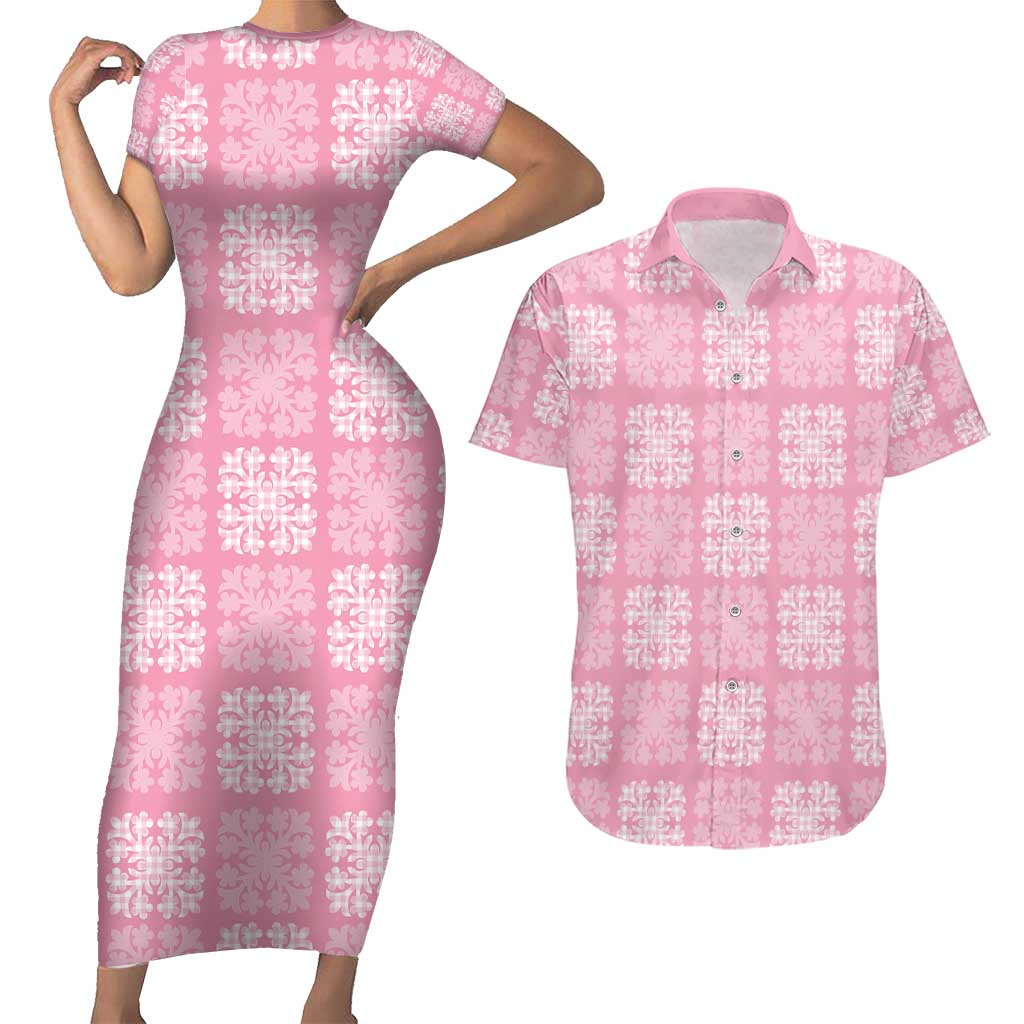 Pink Palaka Quilt Hawaii Couples Matching Short Sleeve Bodycon Dress and Hawaiian Shirt Traditional Hawaii-plaid Pattern LT14 Pink - Polynesian Pride