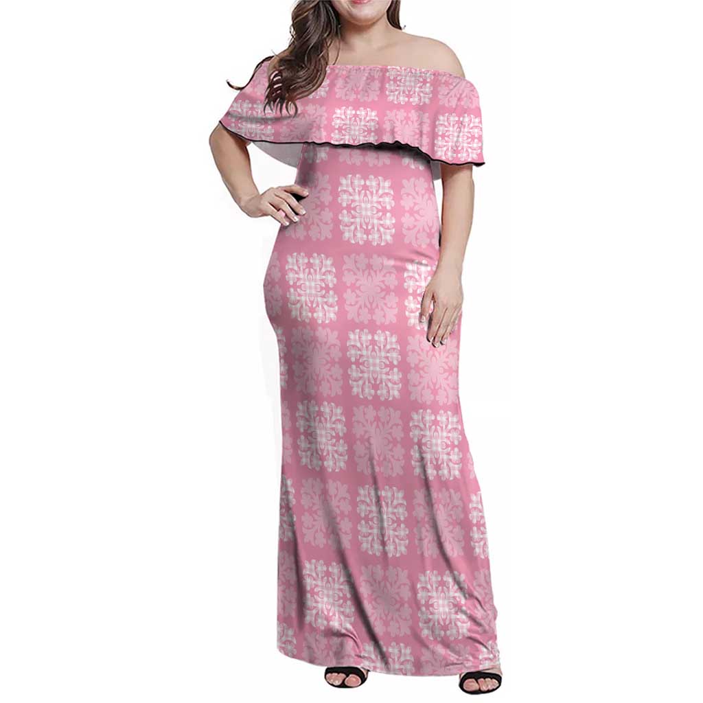 Pink Palaka Quilt Hawaii Family Matching Off Shoulder Maxi Dress and Hawaiian Shirt Traditional Hawaii-plaid Pattern LT14 Mom's Dress Pink - Polynesian Pride