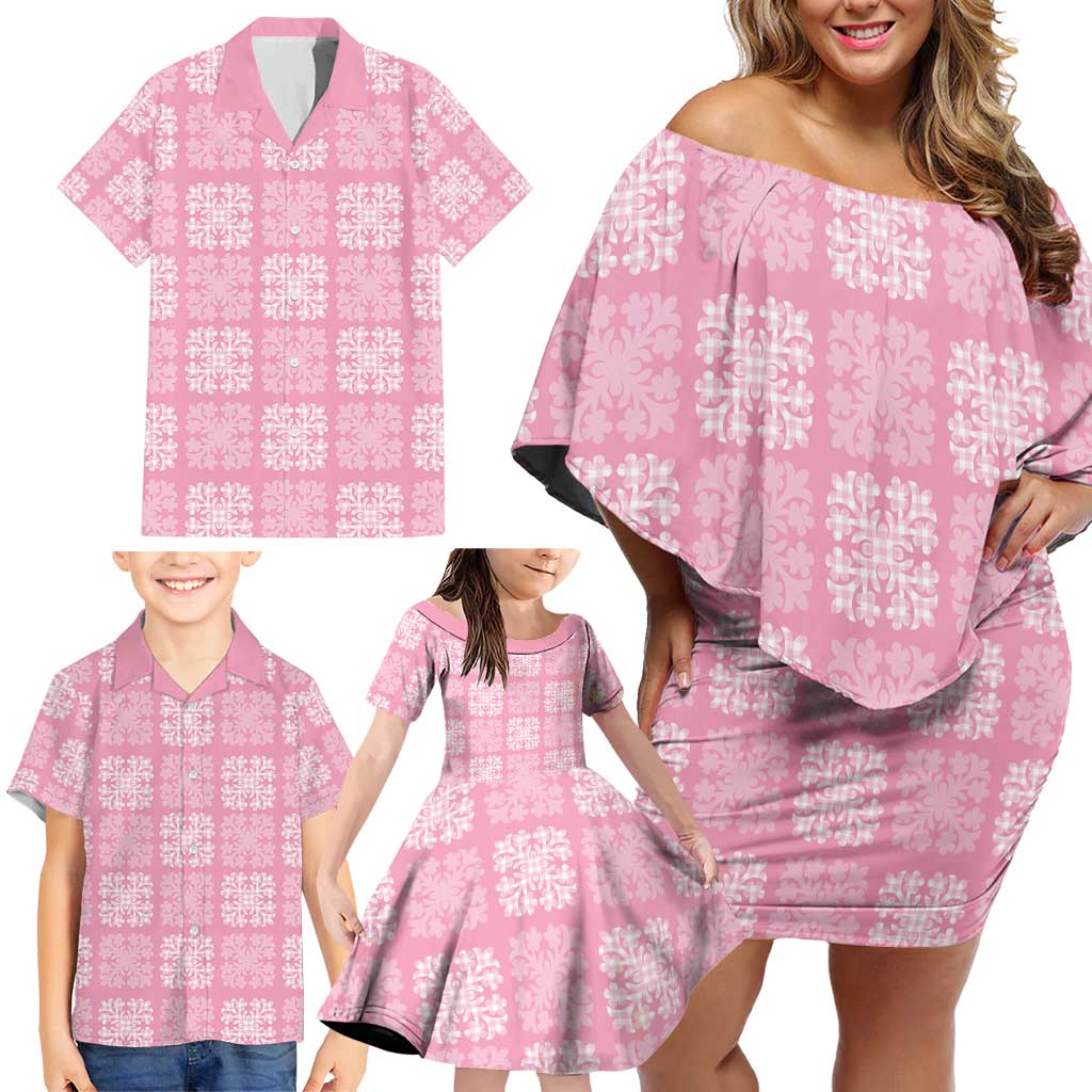 Pink Palaka Quilt Hawaii Family Matching Off Shoulder Short Dress and Hawaiian Shirt Traditional Hawaii-plaid Pattern LT14 - Polynesian Pride