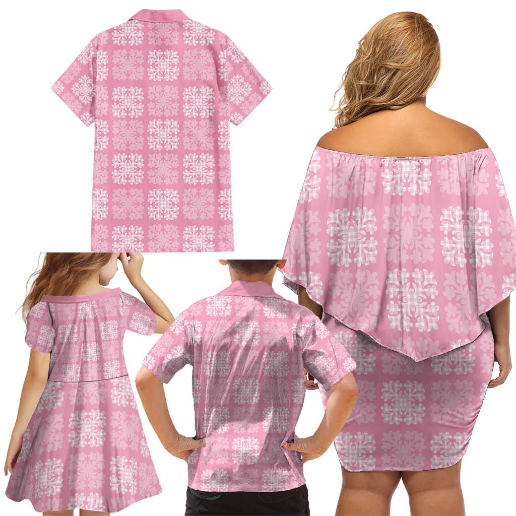 Pink Palaka Quilt Hawaii Family Matching Off Shoulder Short Dress and Hawaiian Shirt Traditional Hawaii-plaid Pattern LT14 - Polynesian Pride