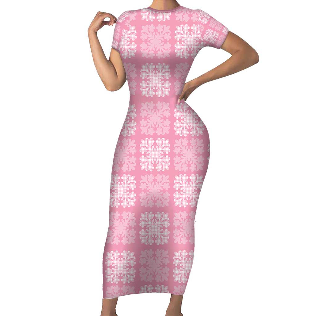 Pink Palaka Quilt Hawaii Family Matching Short Sleeve Bodycon Dress and Hawaiian Shirt Traditional Hawaii-plaid Pattern LT14 Mom's Dress Pink - Polynesian Pride