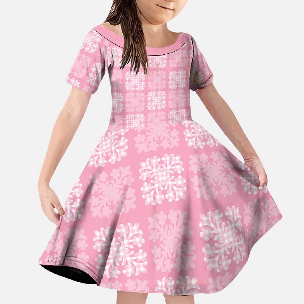 Pink Palaka Quilt Hawaii Family Matching Summer Maxi Dress and Hawaiian Shirt Traditional Hawaii-plaid Pattern LT14 Daughter's Dress Pink - Polynesian Pride