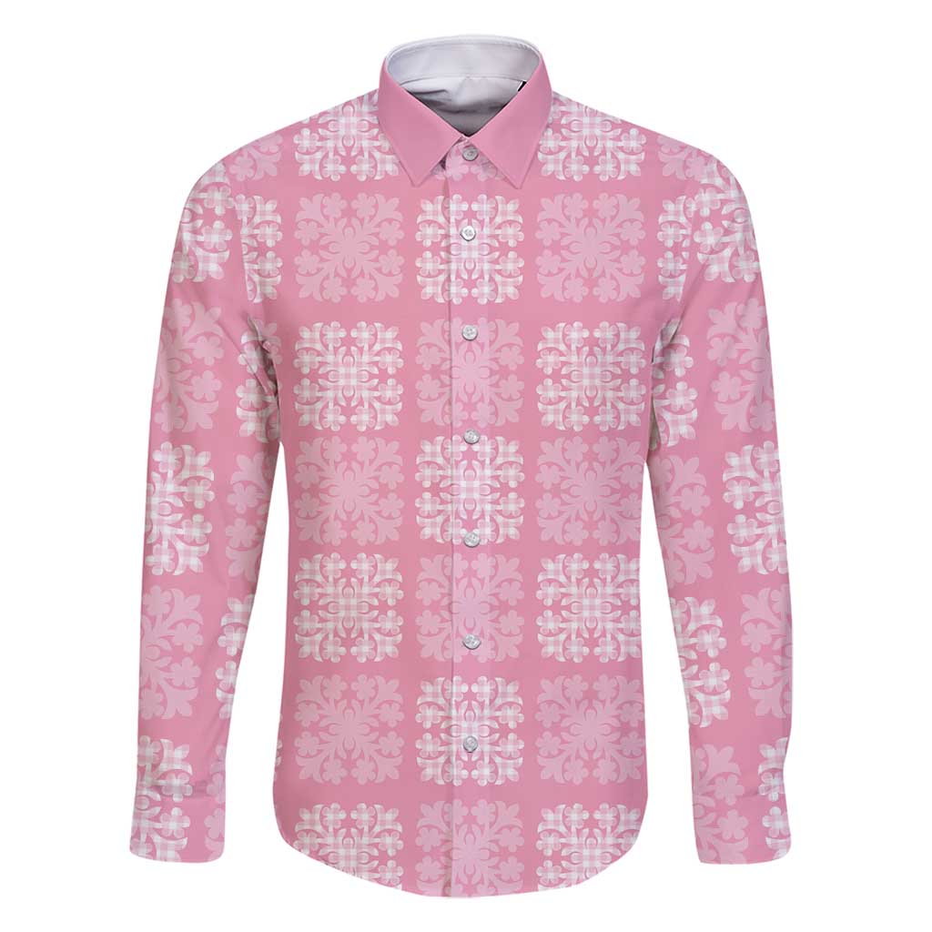 Pink Palaka Quilt Hawaii Family Matching Tank Maxi Dress and Hawaiian Shirt Traditional Hawaii-plaid Pattern LT14 Dad's Shirt - Long Sleeve Pink - Polynesian Pride