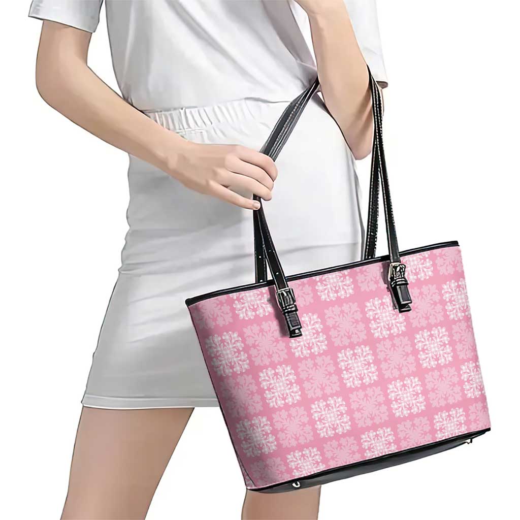 Pink Palaka Quilt Hawaii Leather Tote Bag Traditional Hawaii-plaid Pattern - Polynesian Pride