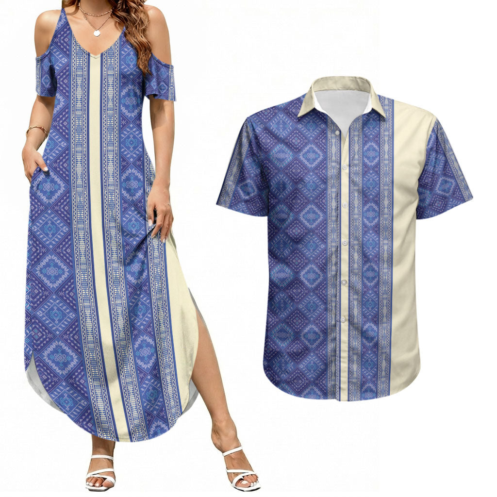 Mabuhay Philippines Festival Couples Matching Summer Maxi Dress and Hawaiian Shirt Yakan Modern Filipiniana Inspired LT14 Blue - Polynesian Pride
