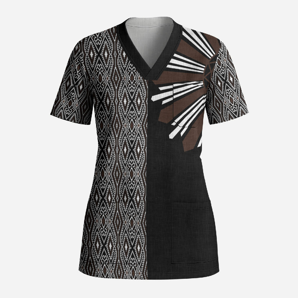 Mabuhay Philippines Festival Scrub Top Araw Tnalak Modern Filipiniana Inspired LT14 Adult Black - Polynesian Pride