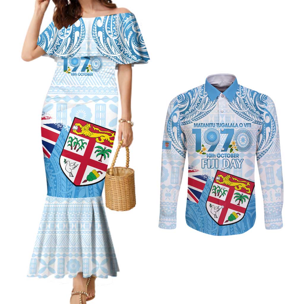 Fiji Day 1970 Couples Matching Mermaid Dress and Long Sleeve Button Shirt Proud To Be A Fijian Tapa Pattern LT14 Blue - Polynesian Pride