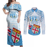 Fiji Day 1970 Couples Matching Off Shoulder Maxi Dress and Long Sleeve Button Shirt Proud To Be A Fijian Tapa Pattern LT14 Blue - Polynesian Pride