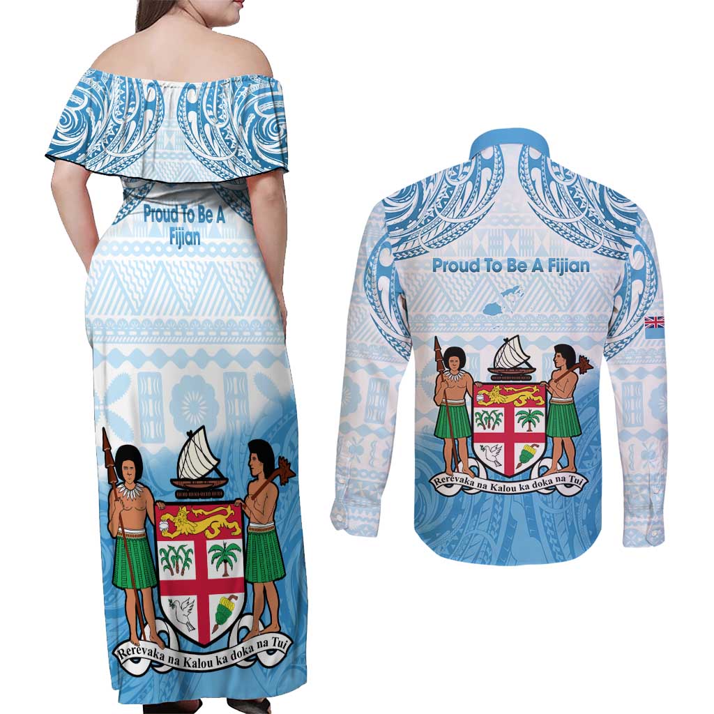 Fiji Day 1970 Couples Matching Off Shoulder Maxi Dress and Long Sleeve Button Shirt Proud To Be A Fijian Tapa Pattern LT14 - Polynesian Pride
