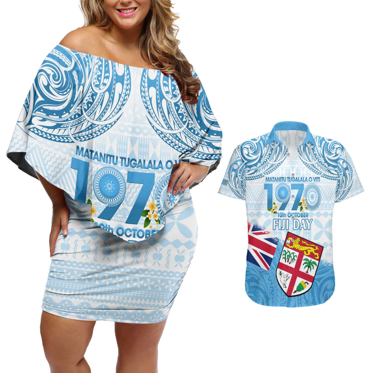 Fiji Day 1970 Couples Matching Off Shoulder Short Dress and Hawaiian Shirt Proud To Be A Fijian Tapa Pattern LT14 Blue - Polynesian Pride