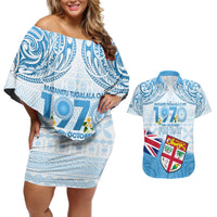 Fiji Day 1970 Couples Matching Off Shoulder Short Dress and Hawaiian Shirt Proud To Be A Fijian Tapa Pattern LT14 Blue - Polynesian Pride