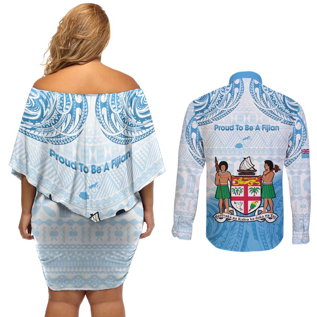 Fiji Day 1970 Couples Matching Off Shoulder Short Dress and Long Sleeve Button Shirt Proud To Be A Fijian Tapa Pattern LT14 - Polynesian Pride