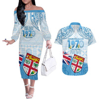 Fiji Day 1970 Couples Matching Off The Shoulder Long Sleeve Dress and Hawaiian Shirt Proud To Be A Fijian Tapa Pattern LT14 Blue - Polynesian Pride