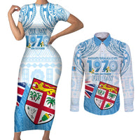Fiji Day 1970 Couples Matching Short Sleeve Bodycon Dress and Long Sleeve Button Shirt Proud To Be A Fijian Tapa Pattern LT14 Blue - Polynesian Pride