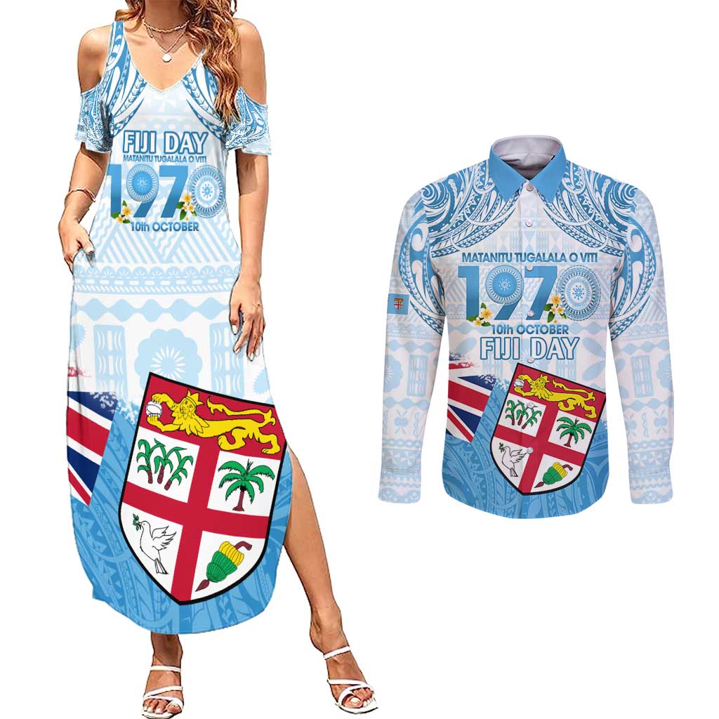 Fiji Day 1970 Couples Matching Summer Maxi Dress and Long Sleeve Button Shirt Proud To Be A Fijian Tapa Pattern LT14 Blue - Polynesian Pride