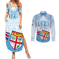 Fiji Day 1970 Couples Matching Summer Maxi Dress and Long Sleeve Button Shirt Proud To Be A Fijian Tapa Pattern LT14 Blue - Polynesian Pride