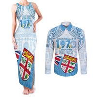 Fiji Day 1970 Couples Matching Tank Maxi Dress and Long Sleeve Button Shirt Proud To Be A Fijian Tapa Pattern LT14 Blue - Polynesian Pride