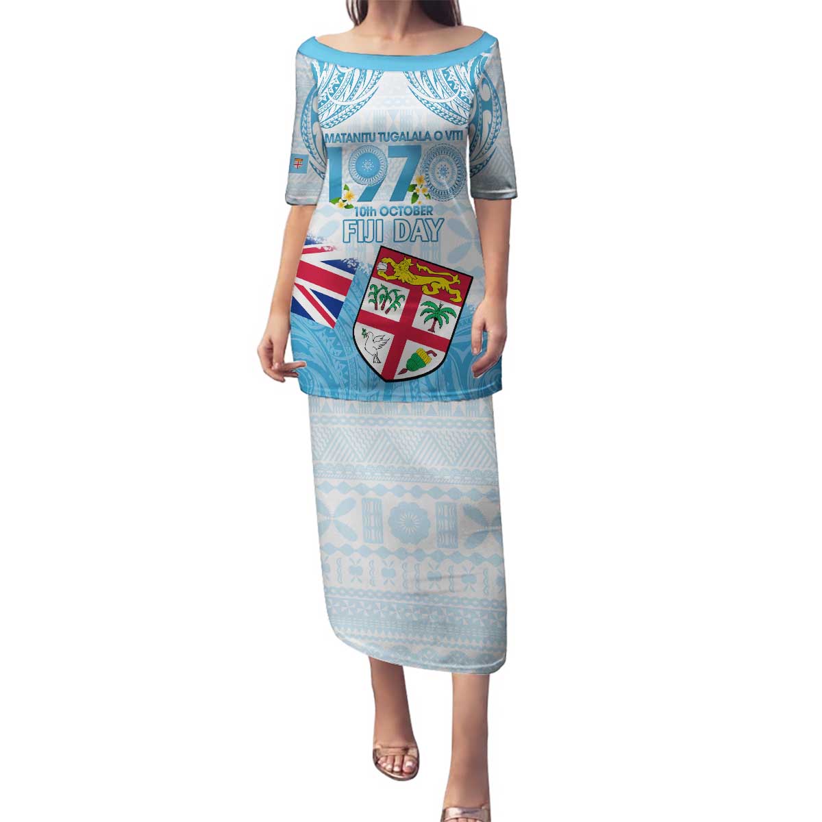 Fiji Day 1970 Family Matching Puletasi and Hawaiian Shirt Proud To Be A Fijian Tapa Pattern LT14 Mom's Dress Blue - Polynesian Pride