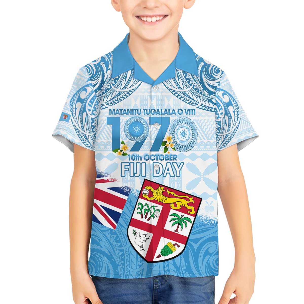 Fiji Day 1970 Family Matching Puletasi and Hawaiian Shirt Proud To Be A Fijian Tapa Pattern LT14 Son's Shirt Blue - Polynesian Pride