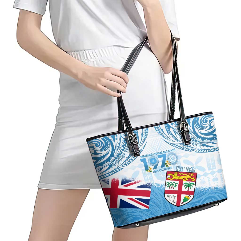 Fiji Day 1970 Leather Tote Bag Proud To Be A Fijian Tapa Pattern
