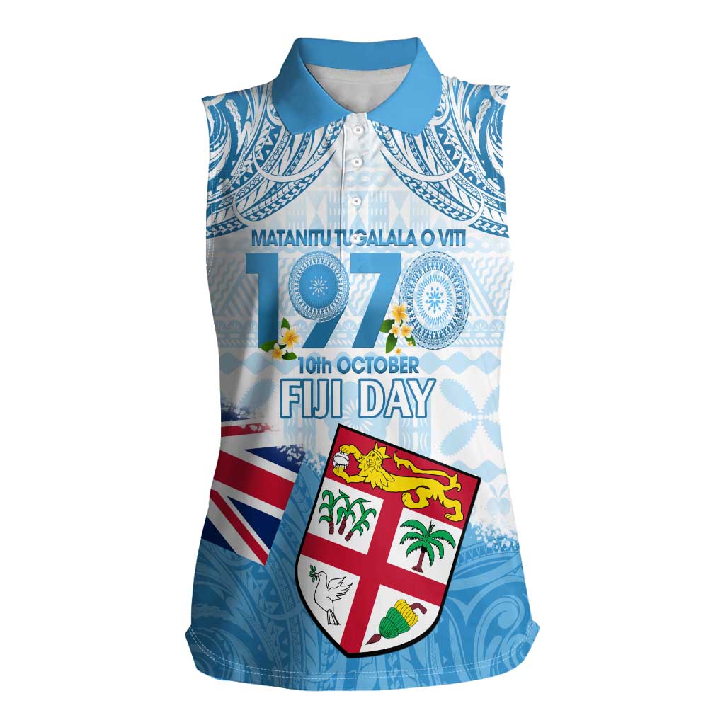 Fiji Day 1970 Women Sleeveless Polo Shirt Proud To Be A Fijian Tapa Pattern LT14 Female Blue - Polynesian Pride
