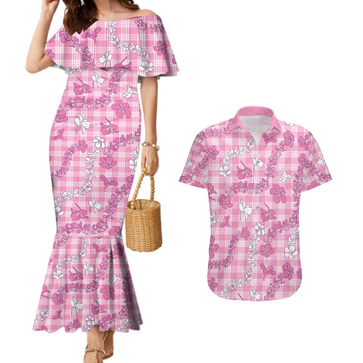 Alaka Aloha Hawaii Couples Matching Mermaid Dress and Hawaiian Shirt Plumeria Lei With Palaka Motif LT14 Pink - Polynesian Pride