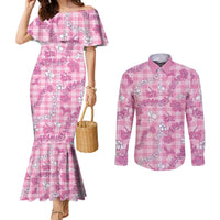 Alaka Aloha Hawaii Couples Matching Mermaid Dress and Long Sleeve Button Shirt Plumeria Lei With Palaka Motif LT14 Pink - Polynesian Pride