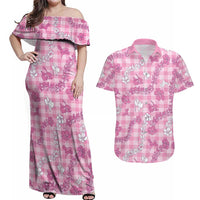 Alaka Aloha Hawaii Couples Matching Off Shoulder Maxi Dress and Hawaiian Shirt Plumeria Lei With Palaka Motif LT14 Pink - Polynesian Pride