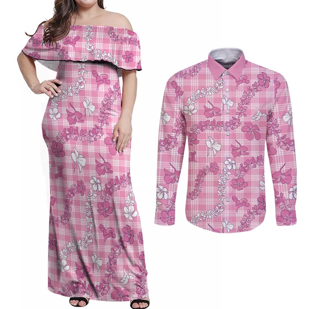 Alaka Aloha Hawaii Couples Matching Off Shoulder Maxi Dress and Long Sleeve Button Shirt Plumeria Lei With Palaka Motif LT14 Pink - Polynesian Pride