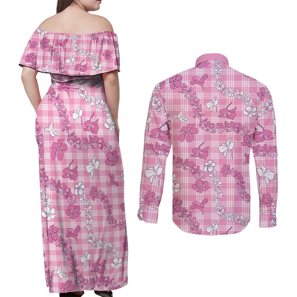 Alaka Aloha Hawaii Couples Matching Off Shoulder Maxi Dress and Long Sleeve Button Shirt Plumeria Lei With Palaka Motif LT14 - Polynesian Pride