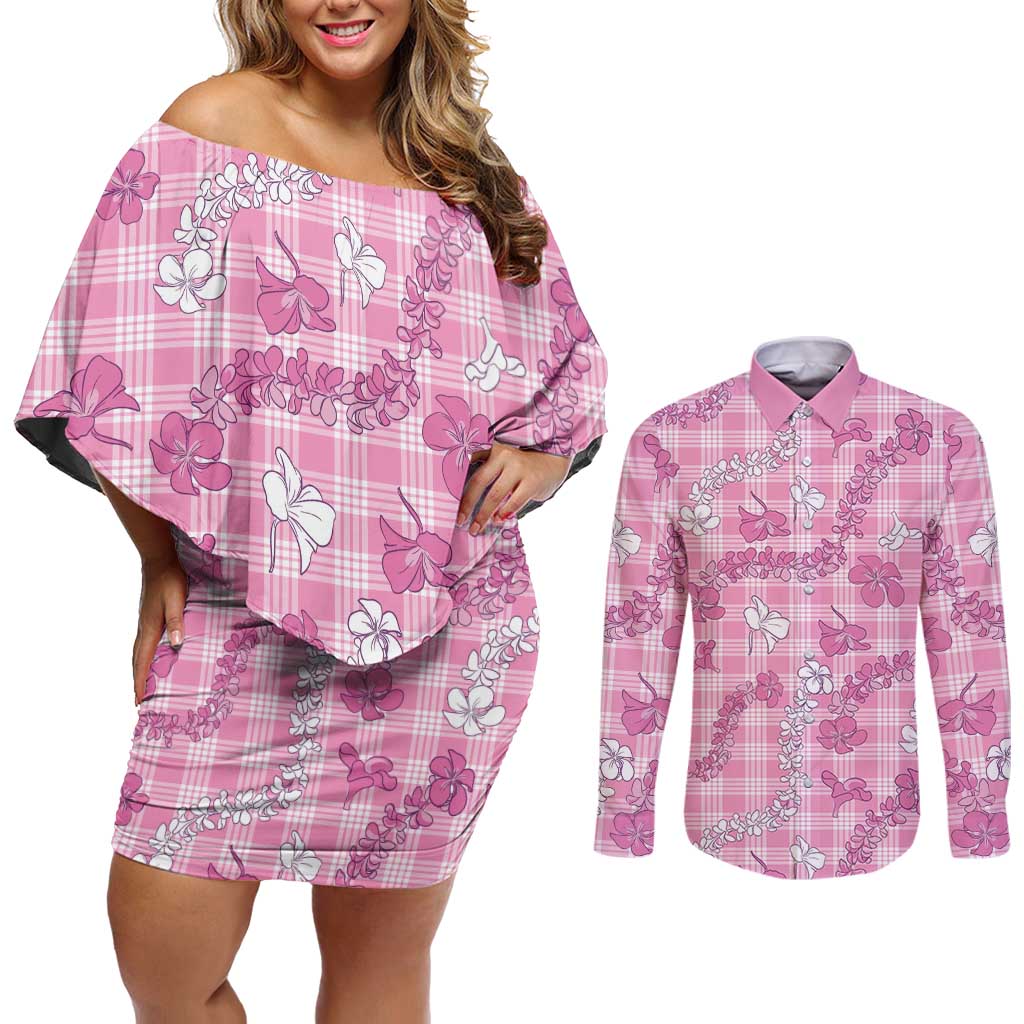 Alaka Aloha Hawaii Couples Matching Off Shoulder Short Dress and Long Sleeve Button Shirt Plumeria Lei With Palaka Motif LT14 Pink - Polynesian Pride
