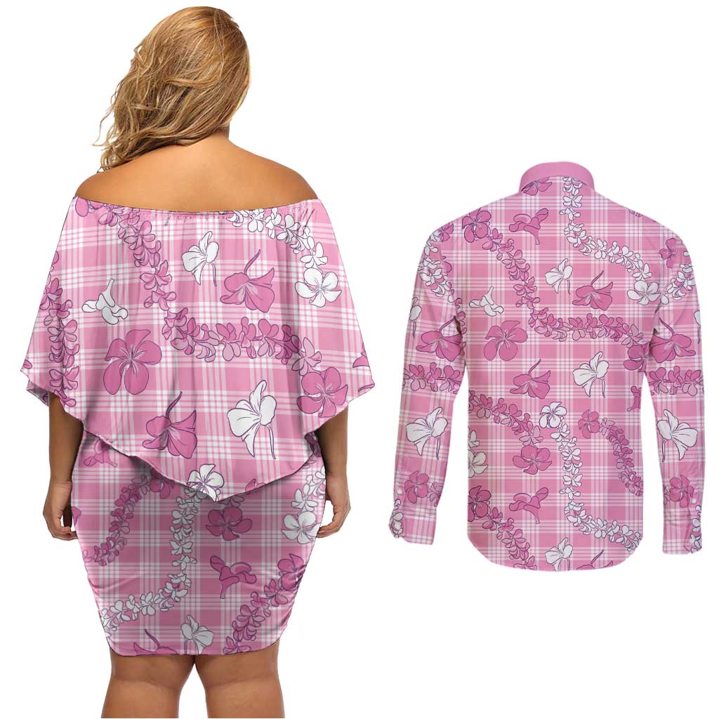 Alaka Aloha Hawaii Couples Matching Off Shoulder Short Dress and Long Sleeve Button Shirt Plumeria Lei With Palaka Motif LT14 - Polynesian Pride