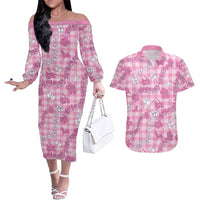 Alaka Aloha Hawaii Couples Matching Off The Shoulder Long Sleeve Dress and Hawaiian Shirt Plumeria Lei With Palaka Motif LT14 Pink - Polynesian Pride