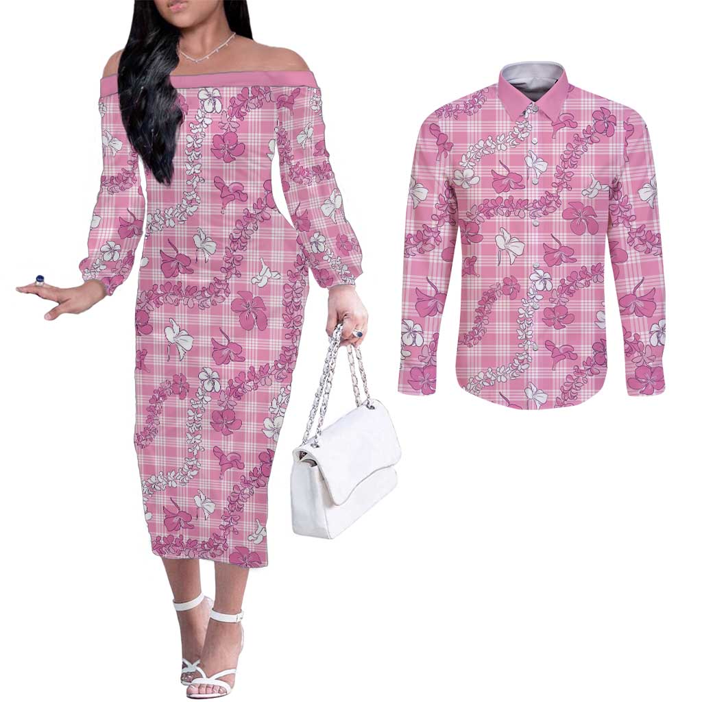 Alaka Aloha Hawaii Couples Matching Off The Shoulder Long Sleeve Dress and Long Sleeve Button Shirt Plumeria Lei With Palaka Motif - Polynesian Pride