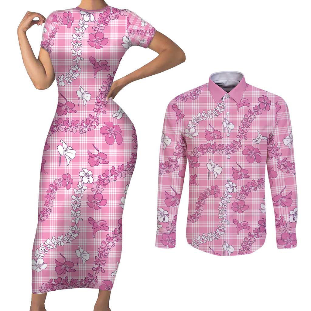 Alaka Aloha Hawaii Couples Matching Short Sleeve Bodycon Dress and Long Sleeve Button Shirt Plumeria Lei With Palaka Motif LT14 Pink - Polynesian Pride