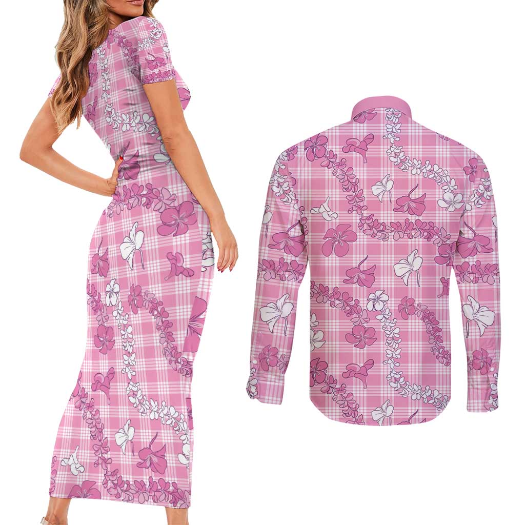 Alaka Aloha Hawaii Couples Matching Short Sleeve Bodycon Dress and Long Sleeve Button Shirt Plumeria Lei With Palaka Motif LT14 - Polynesian Pride