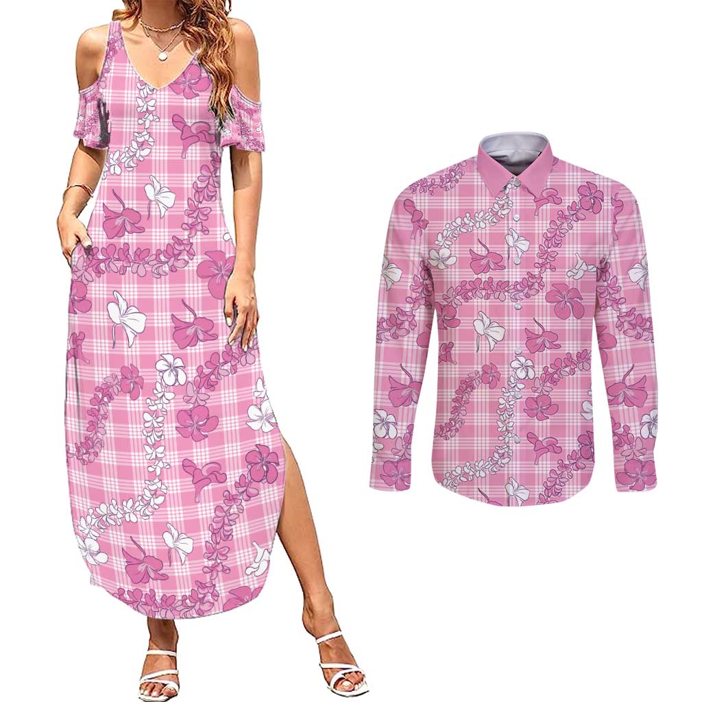 Alaka Aloha Hawaii Couples Matching Summer Maxi Dress and Long Sleeve Button Shirt Plumeria Lei With Palaka Motif LT14 Pink - Polynesian Pride