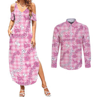 Alaka Aloha Hawaii Couples Matching Summer Maxi Dress and Long Sleeve Button Shirt Plumeria Lei With Palaka Motif LT14 Pink - Polynesian Pride