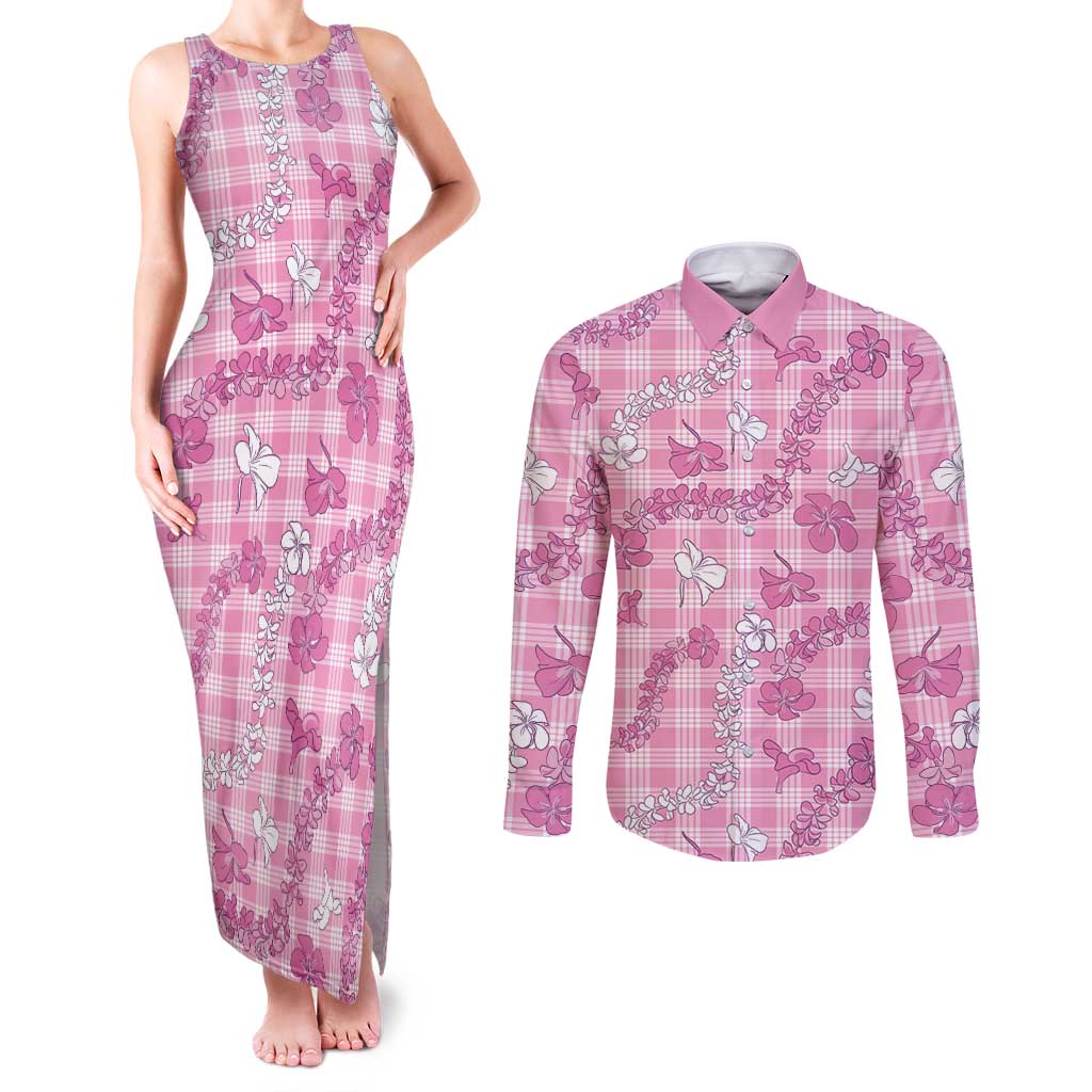 Alaka Aloha Hawaii Couples Matching Tank Maxi Dress and Long Sleeve Button Shirt Plumeria Lei With Palaka Motif LT14 Pink - Polynesian Pride