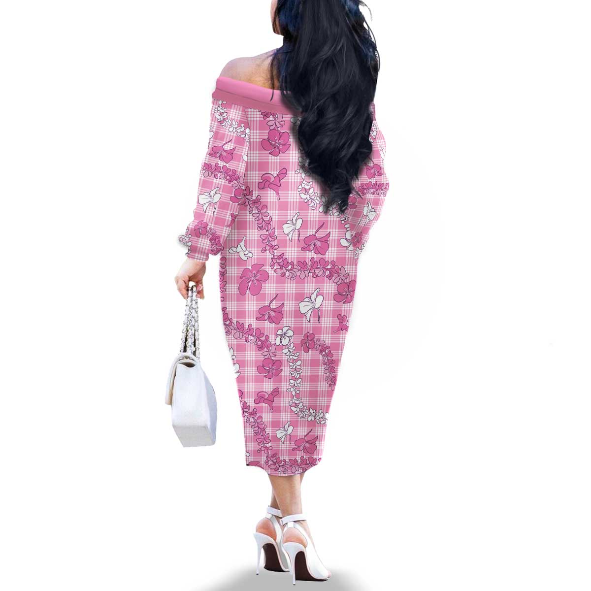 Alaka Aloha Hawaii Family Matching Off The Shoulder Long Sleeve Dress and Hawaiian Shirt Plumeria Lei With Palaka Motif LT14 - Polynesian Pride