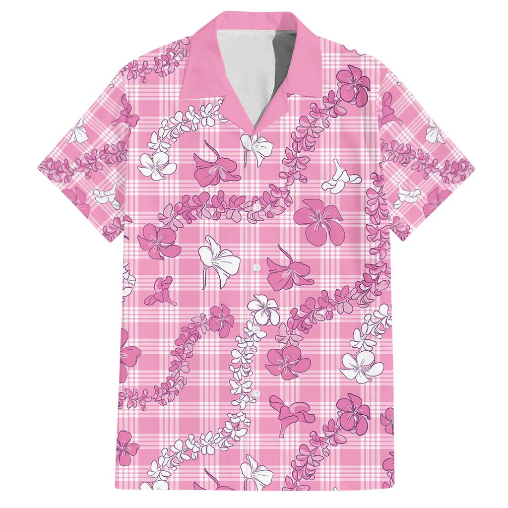 Alaka Aloha Hawaii Family Matching Off Shoulder Maxi Dress and Hawaiian Shirt Plumeria Lei With Palaka Motif LT14 Dad's Shirt - Short Sleeve Pink - Polynesian Pride