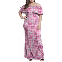 Alaka Aloha Hawaii Family Matching Off Shoulder Maxi Dress and Hawaiian Shirt Plumeria Lei With Palaka Motif LT14 Mom's Dress Pink - Polynesian Pride