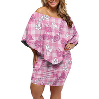 Alaka Aloha Hawaii Family Matching Off Shoulder Short Dress and Hawaiian Shirt Plumeria Lei With Palaka Motif LT14 Mom's Dress Pink - Polynesian Pride