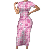 Alaka Aloha Hawaii Family Matching Short Sleeve Bodycon Dress and Hawaiian Shirt Plumeria Lei With Palaka Motif LT14 Mom's Dress Pink - Polynesian Pride