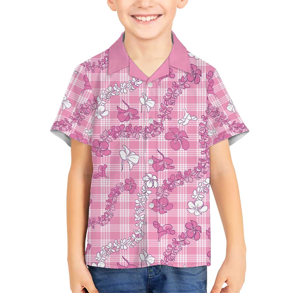 Alaka Aloha Hawaii Family Matching Summer Maxi Dress and Hawaiian Shirt Plumeria Lei With Palaka Motif LT14 Son's Shirt Pink - Polynesian Pride