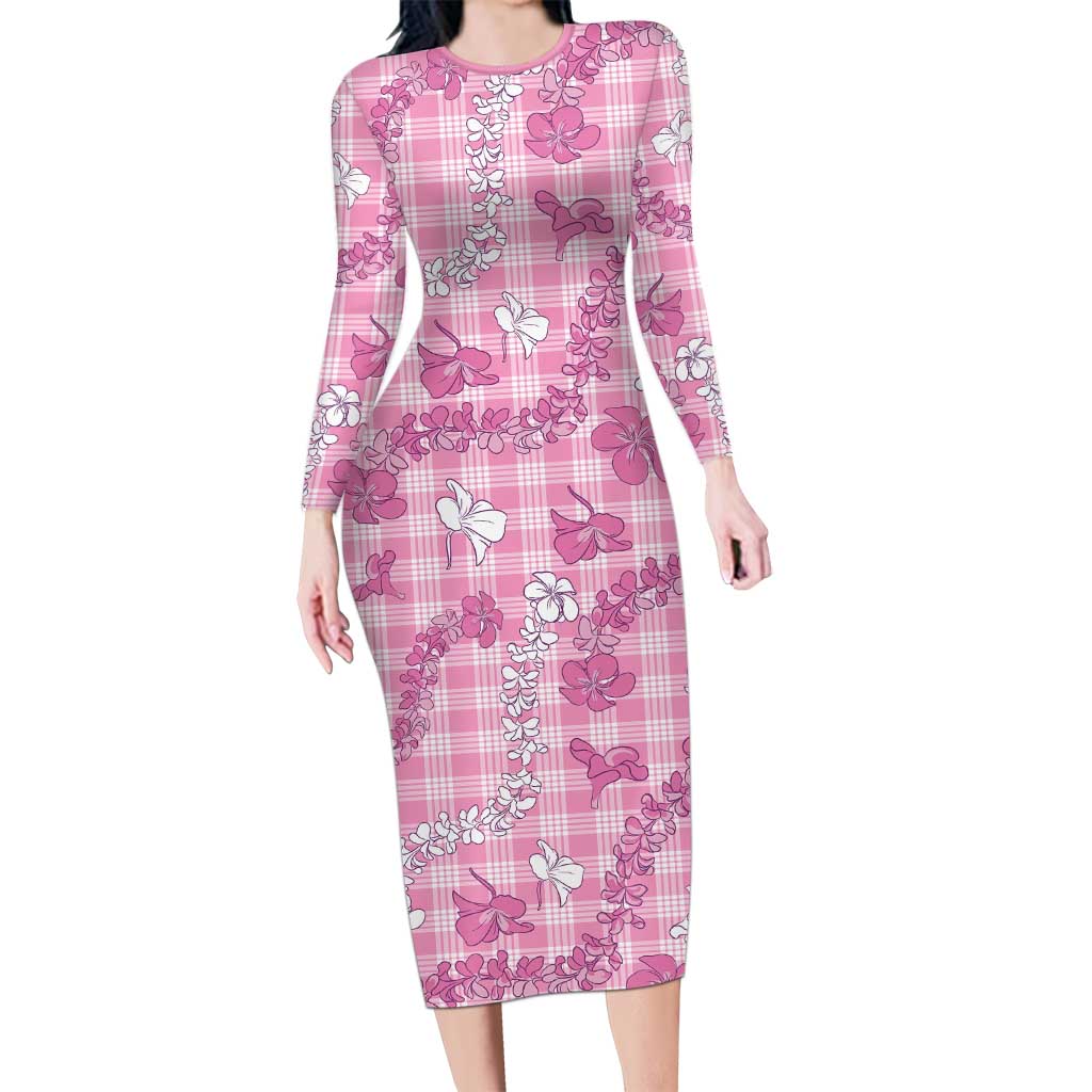 Alaka Aloha Hawaii Long Sleeve Bodycon Dress Plumeria Lei With Palaka Motif LT14 Long Dress Pink - Polynesian Pride
