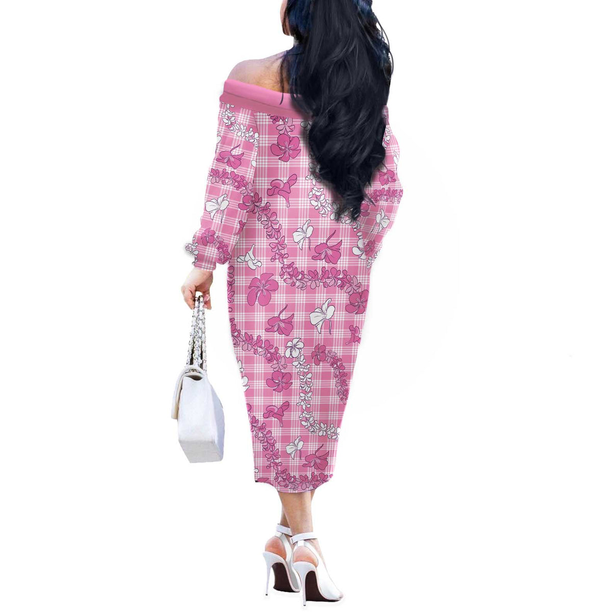 Alaka Aloha Hawaii Off The Shoulder Long Sleeve Dress Plumeria Lei With Palaka Motif LT14 - Polynesian Pride